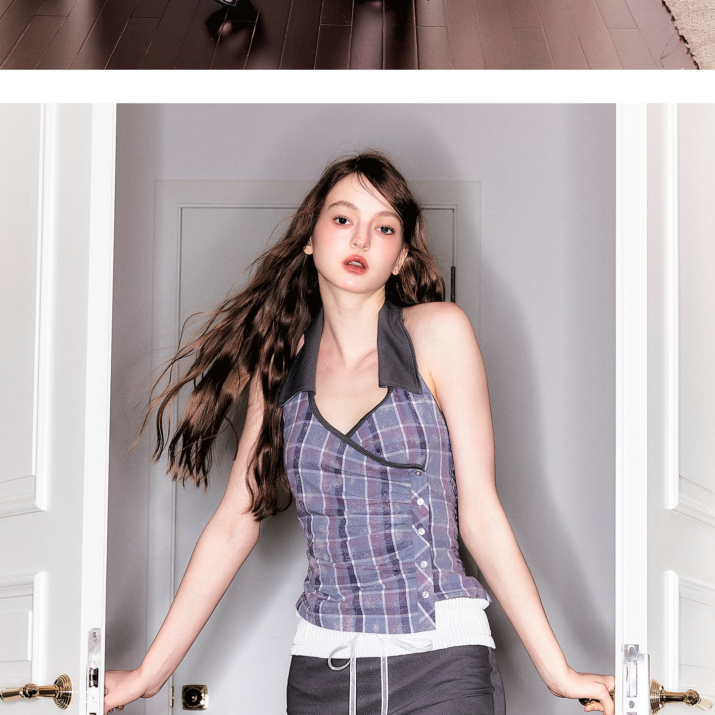 Plaid Crossover Front Collared Halter Top