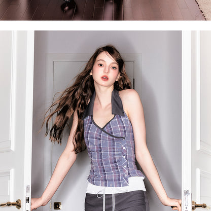 Plaid Crossover Front Collared Halter Top