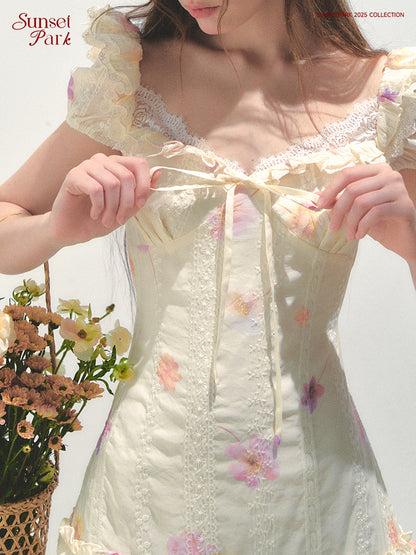 Flutter Sleeve Embroidered Floral Mini Dress