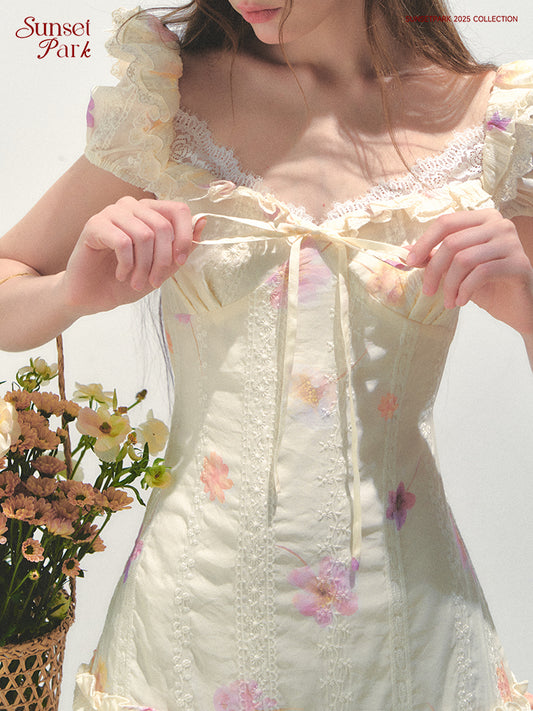 Flutter Sleeve Embroidered Floral Mini Dress