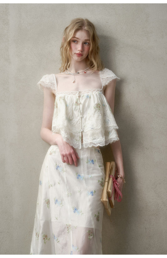 Floral Embroidered Top & Sheer Skirt With Lace Details