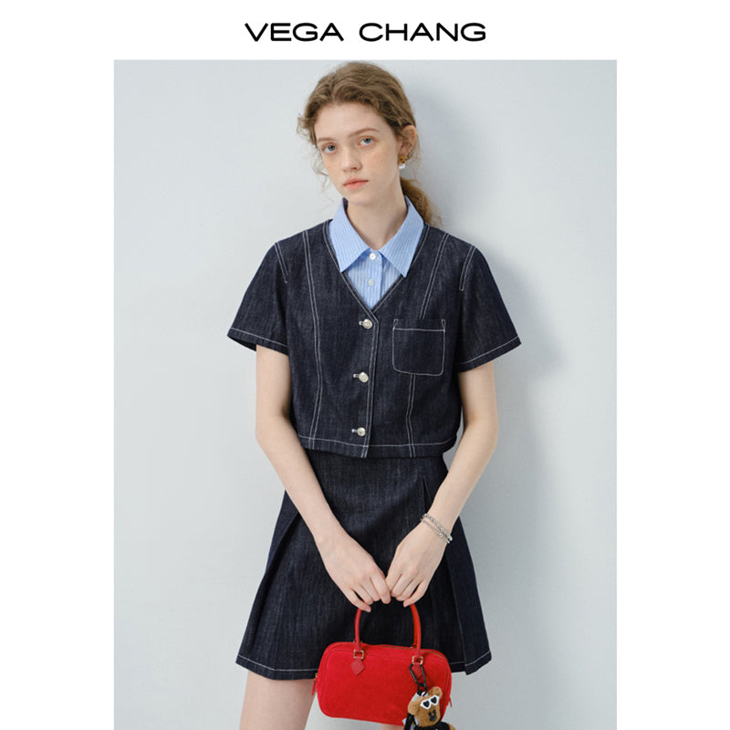 Layered-Look Striped Shirt Denim Dress
