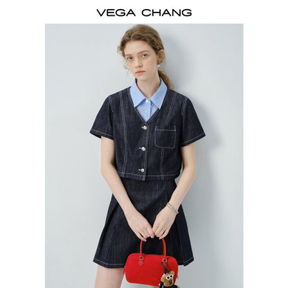 Layered-Look Striped Shirt Denim Dress