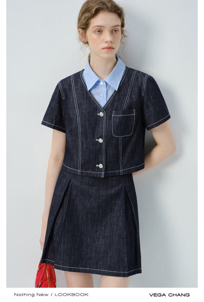 Layered-Look Striped Shirt Denim Dress