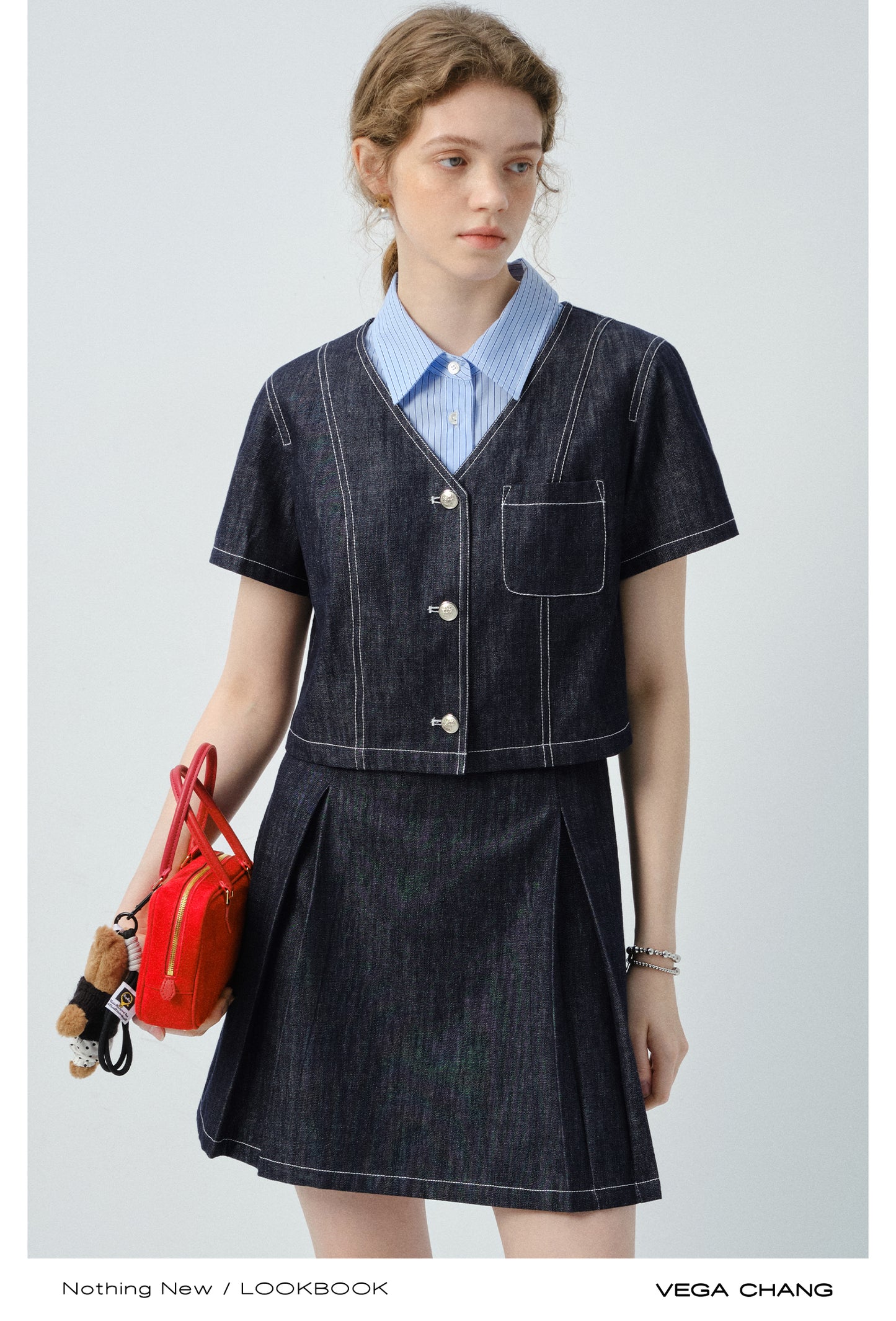 Layered-Look Striped Shirt Denim Dress