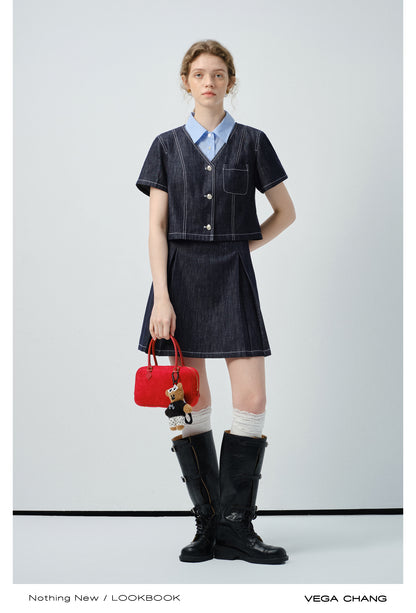 Layered-Look Striped Shirt Denim Dress