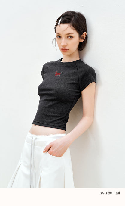 Raglan Cropped T-Shirt With Rhinestone Dog Detail