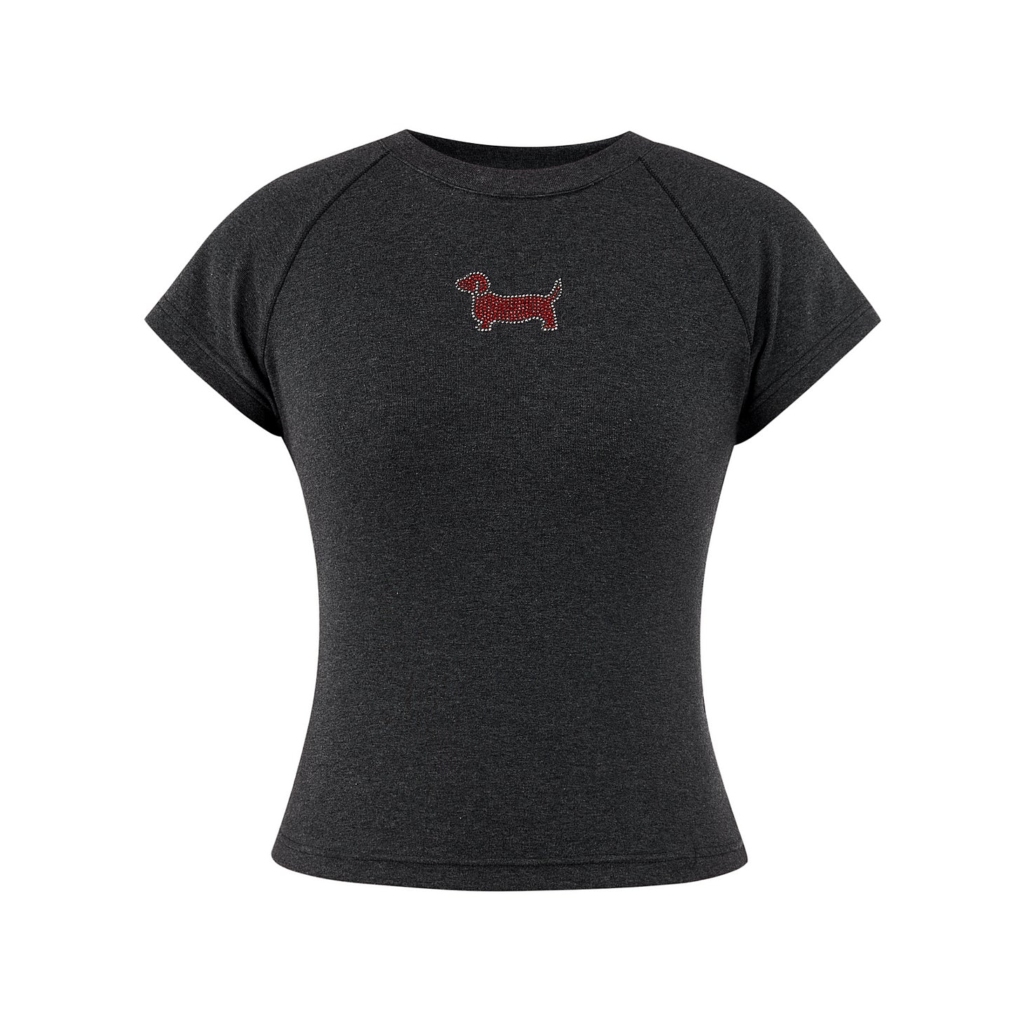 Raglan Cropped T-Shirt With Rhinestone Dog Detail
