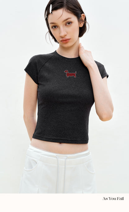Raglan Cropped T-Shirt With Rhinestone Dog Detail