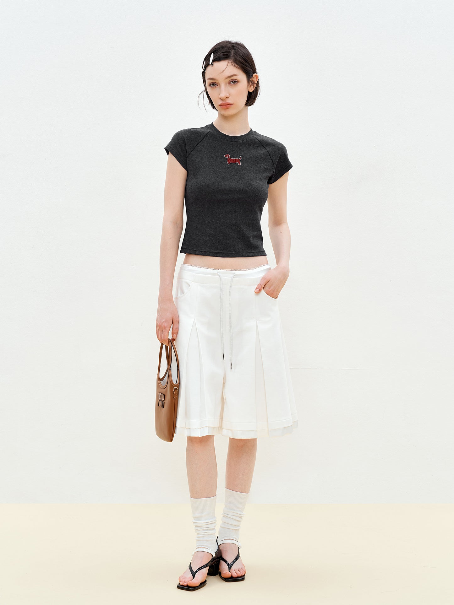 Raglan Cropped T-Shirt With Rhinestone Dog Detail