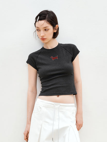Raglan Cropped T-Shirt With Rhinestone Dog Detail