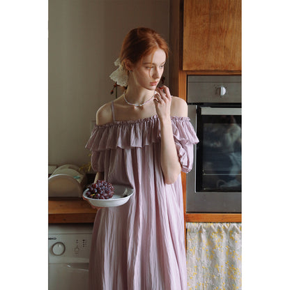 Bubble-Sleeve Crinkled Dress With Back Tie