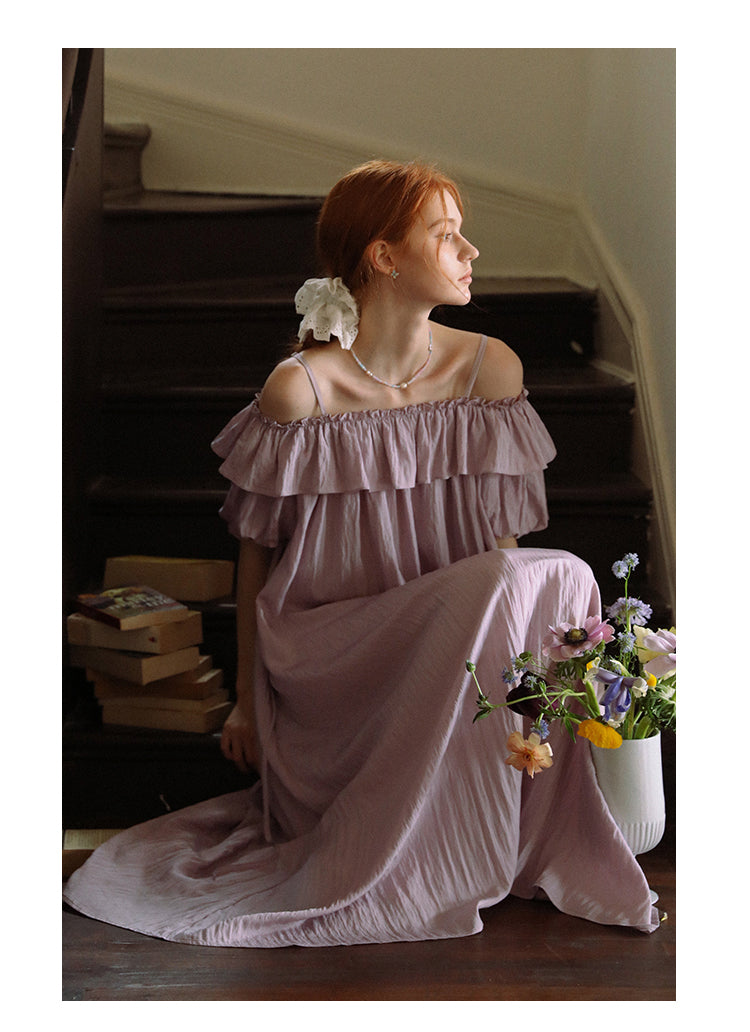 Bubble-Sleeve Crinkled Dress With Back Tie