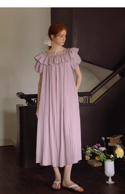 Bubble-Sleeve Crinkled Dress With Back Tie