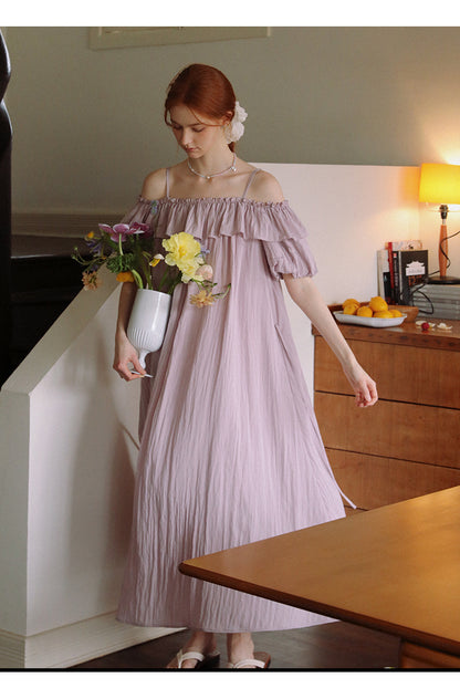 Bubble-Sleeve Crinkled Dress With Back Tie