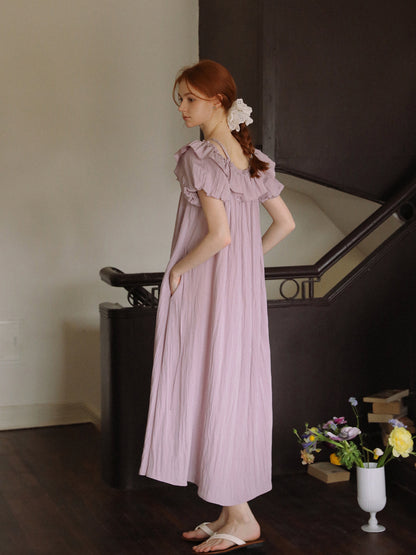 Bubble-Sleeve Crinkled Dress With Back Tie
