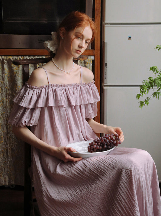 Bubble-Sleeve Crinkled Dress With Back Tie