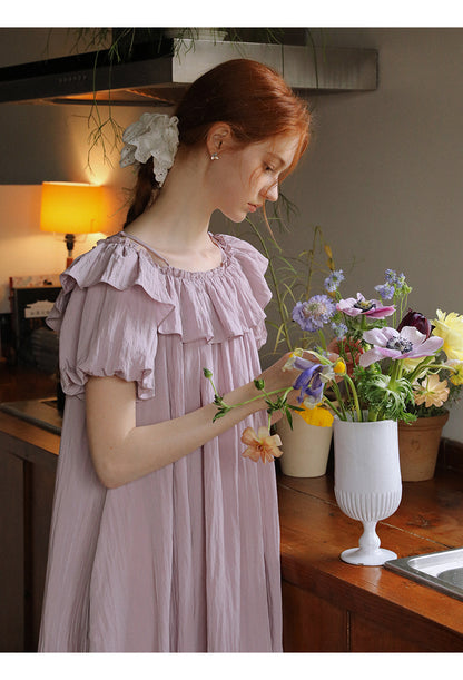 Bubble-Sleeve Crinkled Dress With Back Tie