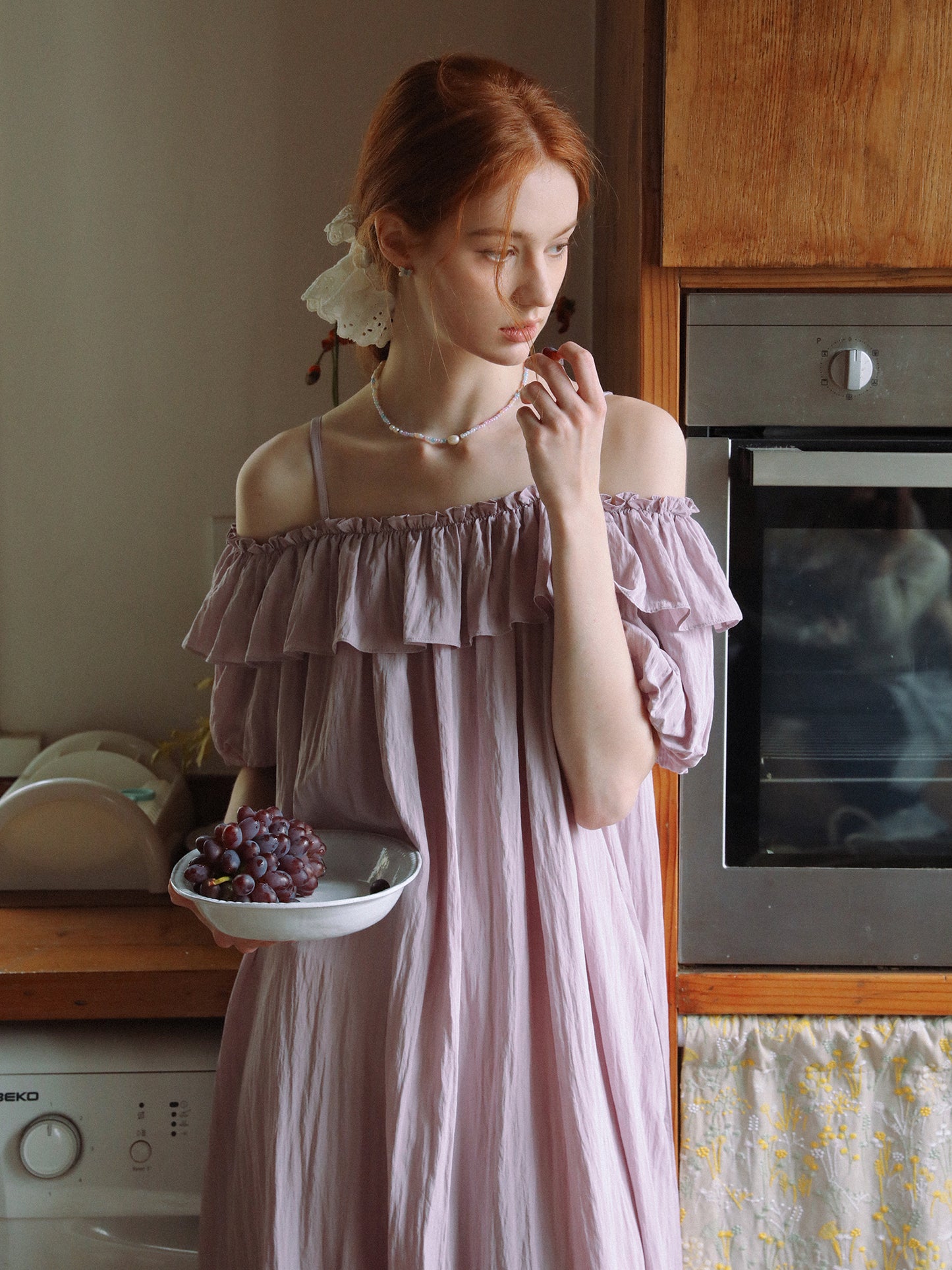 Bubble-Sleeve Crinkled Dress With Back Tie