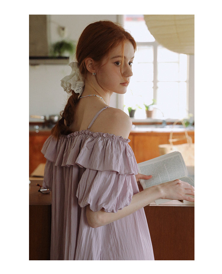 Bubble-Sleeve Crinkled Dress With Back Tie