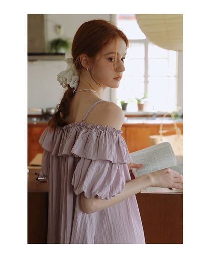 Bubble-Sleeve Crinkled Dress With Back Tie