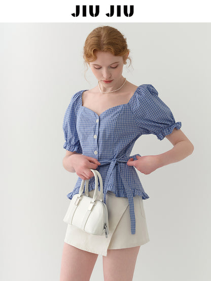 Frilled-Edge Plaid Blouse With Side Ribbon Tie