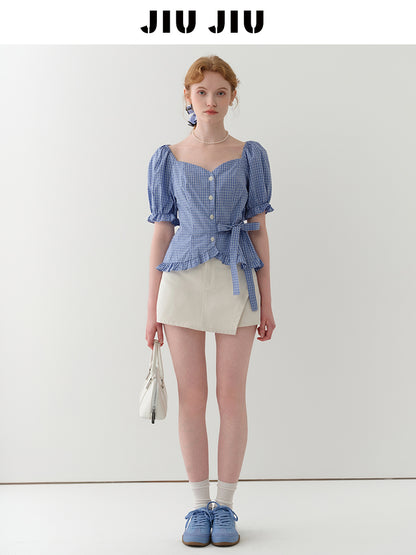 Frilled-Edge Plaid Blouse With Side Ribbon Tie
