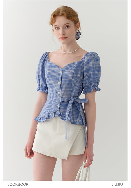 Frilled-Edge Plaid Blouse With Side Ribbon Tie