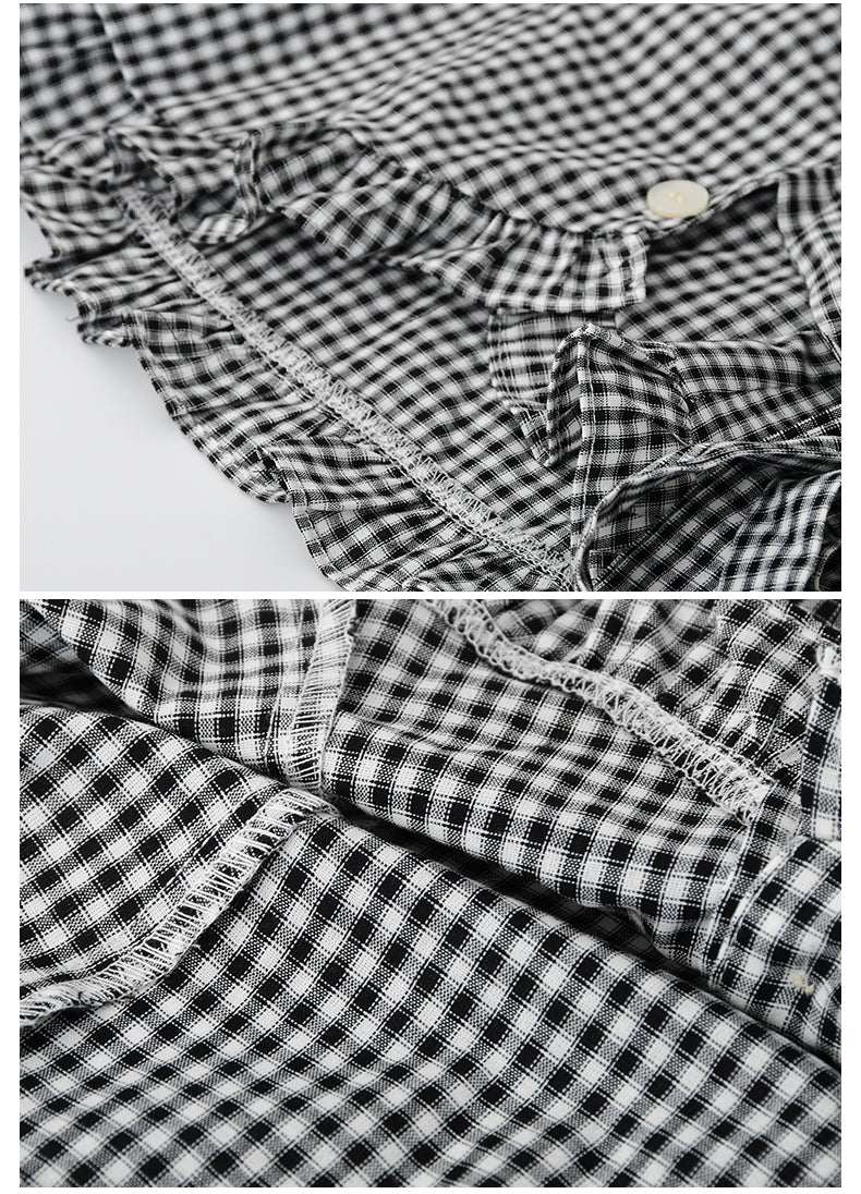Frilled-Edge Plaid Blouse With Side Ribbon Tie