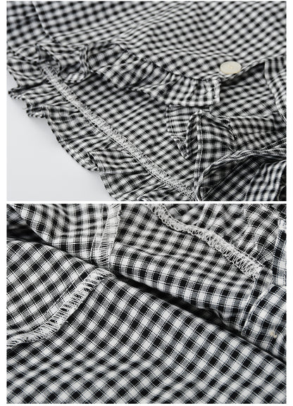 Frilled-Edge Plaid Blouse With Side Ribbon Tie