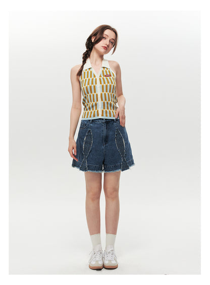 Button-Up Collared Retro Halter Knit Top