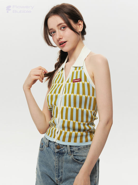 Button-Up Collared Retro Halter Knit Top