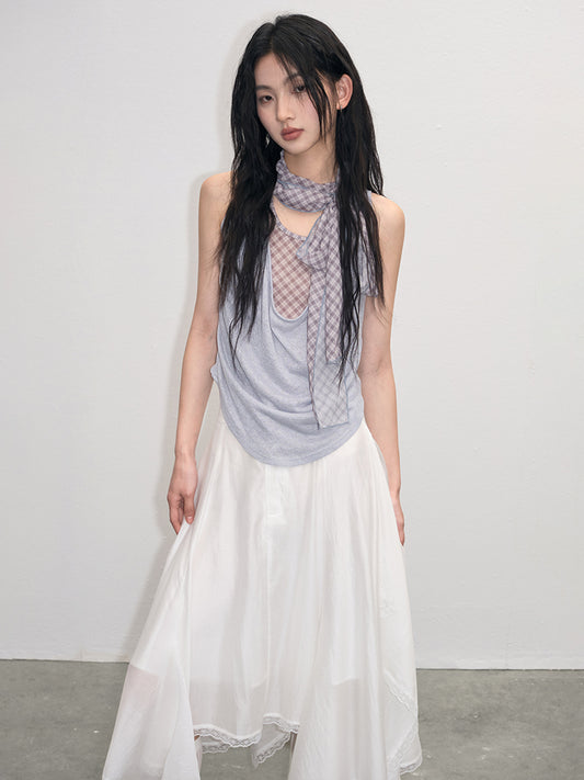 Draped Sleeveless Knit Top With Plaid Tie Neck