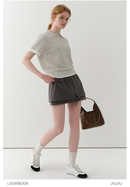 Cotton Blend Half-Zip Polo Collar Knit Top