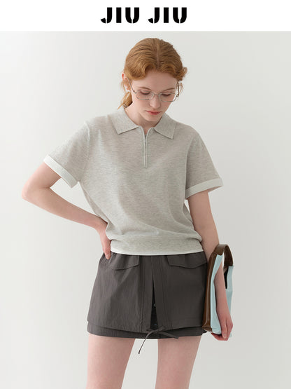 Cotton Blend Half-Zip Polo Collar Knit Top