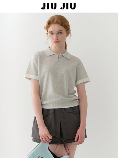Cotton Blend Half-Zip Polo Collar Knit Top