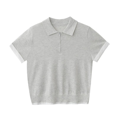Cotton Blend Half-Zip Polo Collar Knit Top
