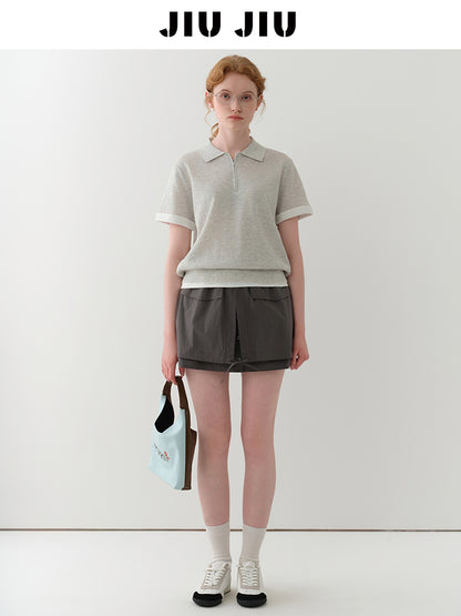 Cotton Blend Half-Zip Polo Collar Knit Top