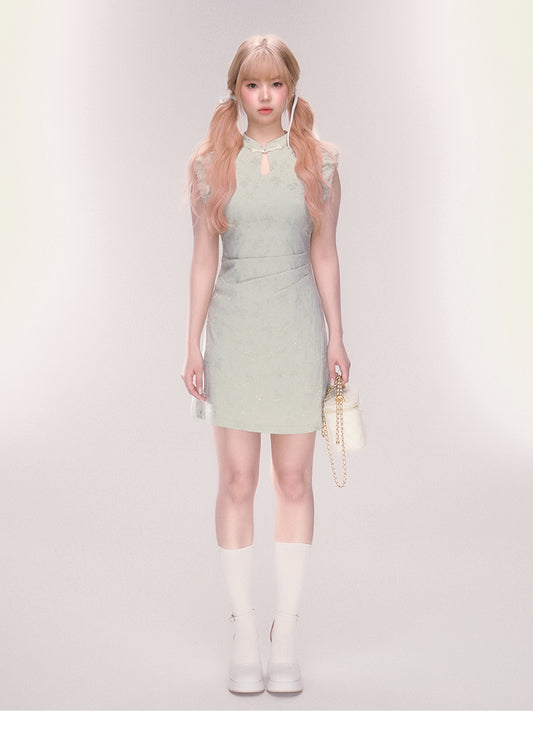 Fitted Jacquard Qipao Dress With Pleated Waist