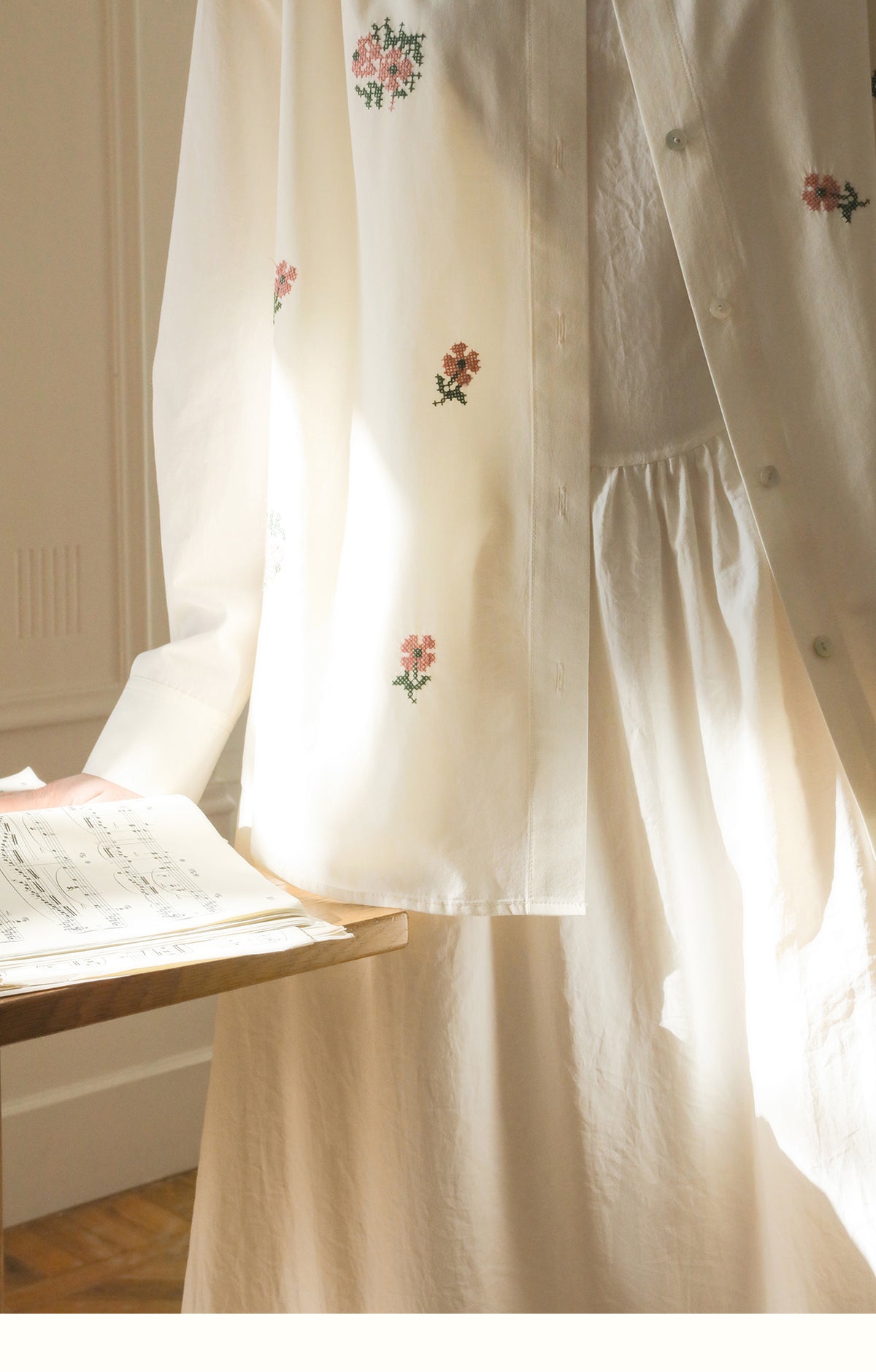 Hibiscus Embroidered Cotton Shirt & Skirt