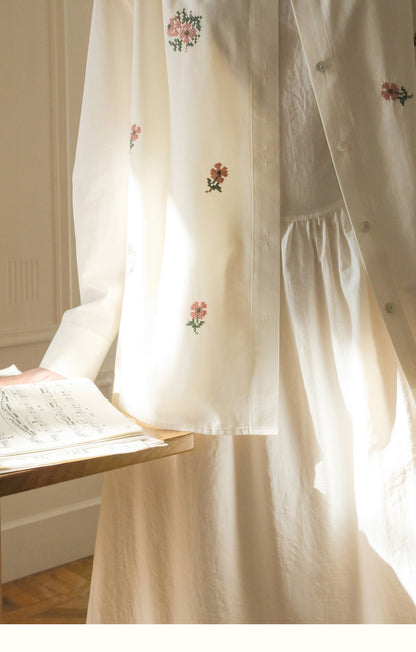 Hibiscus Embroidered Cotton Shirt & Skirt