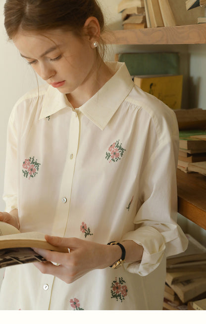 Hibiscus Embroidered Cotton Shirt & Skirt