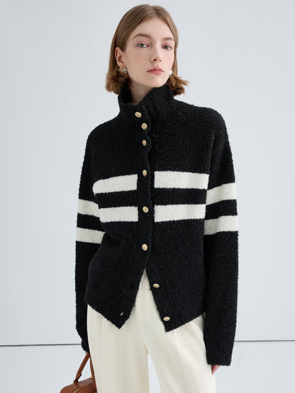 High Neck Wool Blend Bouclé Striped Cardigan