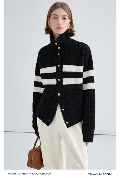 High Neck Wool Blend Bouclé Striped Cardigan