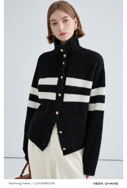 High Neck Wool Blend Bouclé Striped Cardigan