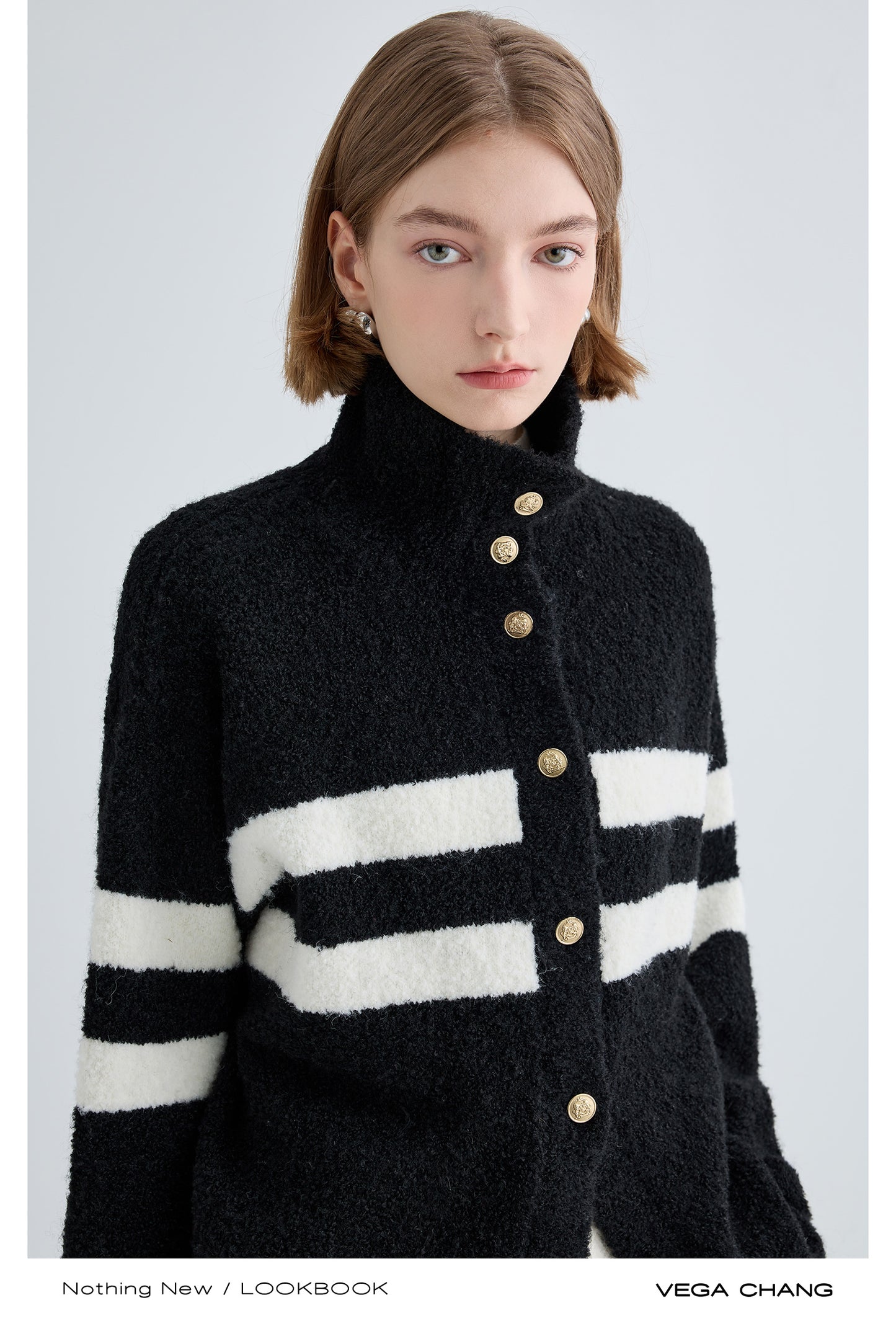 High Neck Wool Blend Bouclé Striped Cardigan