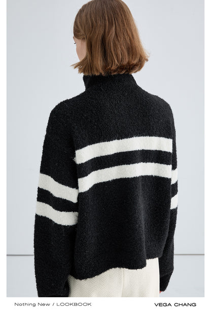 High Neck Wool Blend Bouclé Striped Cardigan