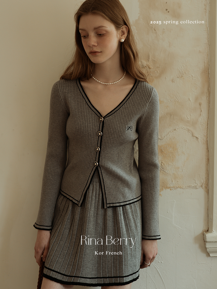 Contrast-Tipped Cardigan & Matching Pleated Skirt