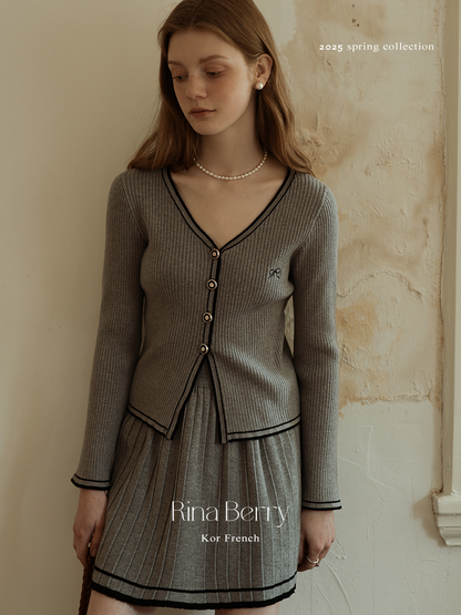 Contrast-Tipped Cardigan & Matching Pleated Skirt