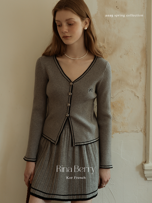 Contrast-Tipped Cardigan & Matching Pleated Skirt